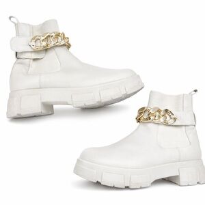 Women's White Ankle Boots with Gold Chain